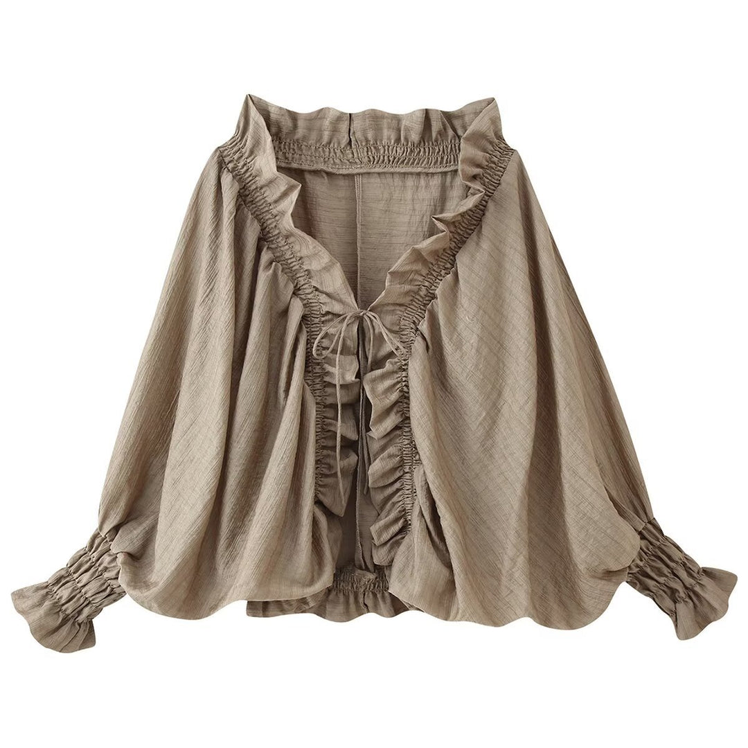 Women's Romantic Ruffle Blouse in Boho Style with Tie Band and Gathered Cuffs Amarae