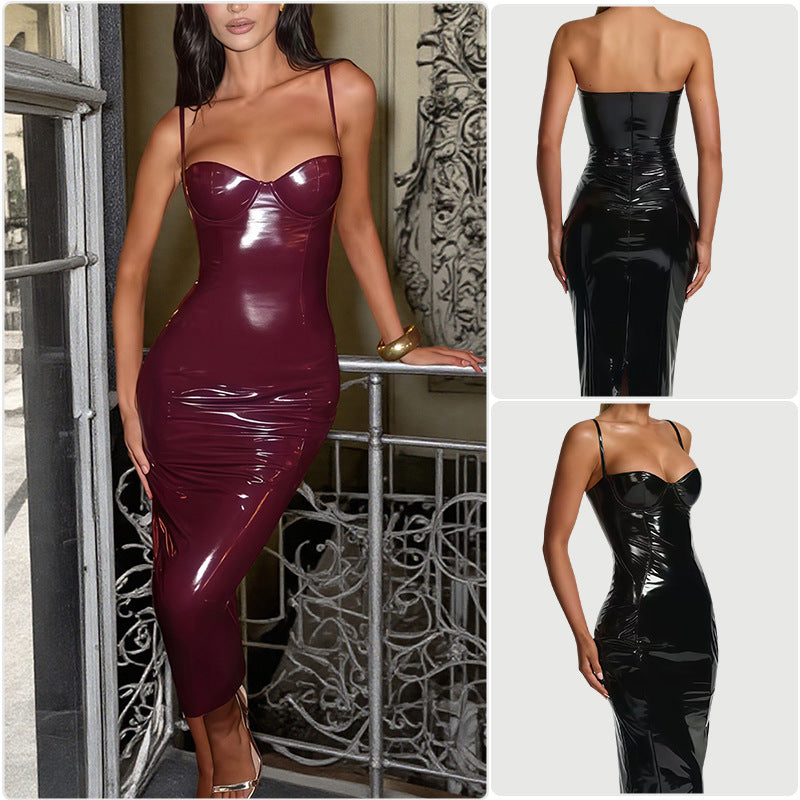 Women's bodycon dress with strapless design and glossy surface Lune London