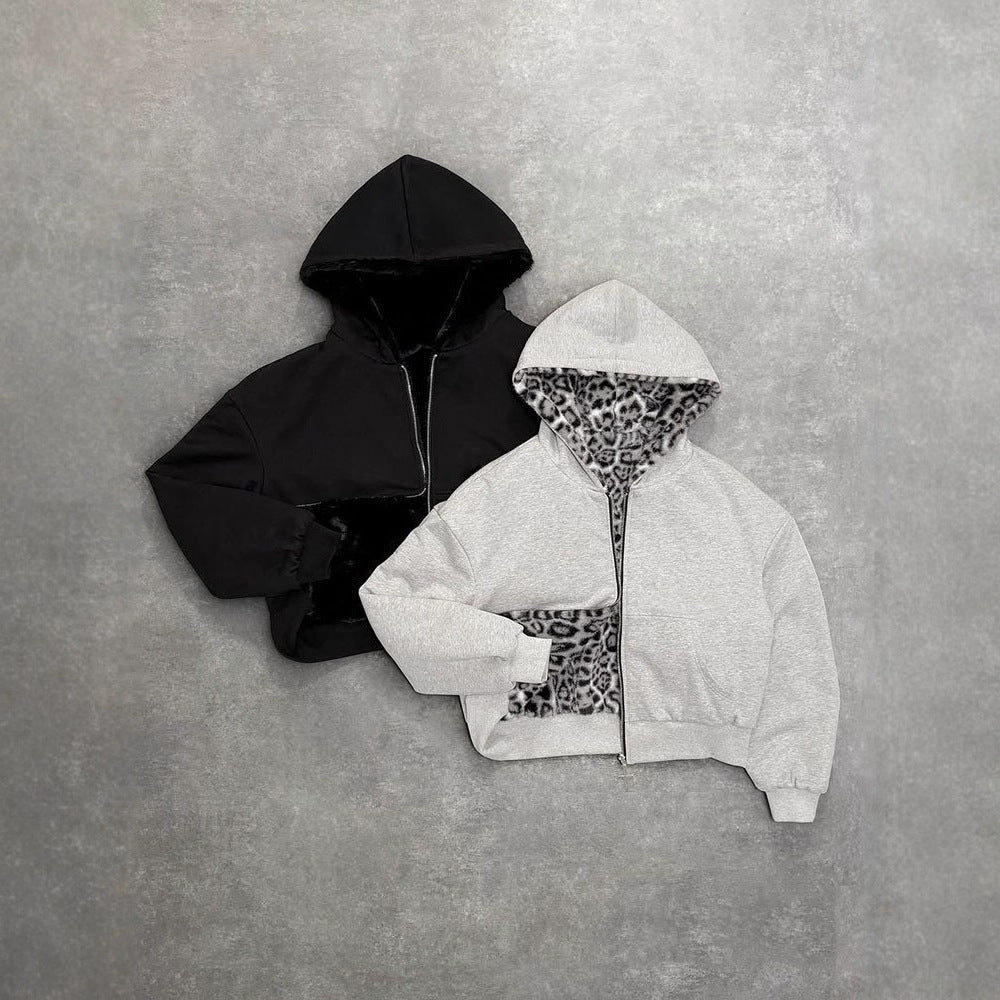Veste à capuche en peluche pour femmes avec doublure léopard réversible Chic & Stil