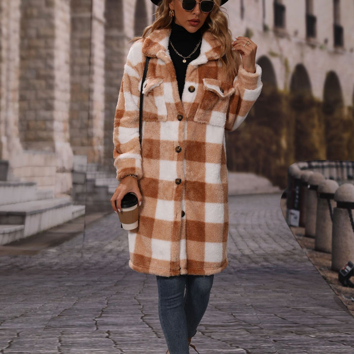 Ladies winter velvet jacket with checked design and practical pockets Amarae