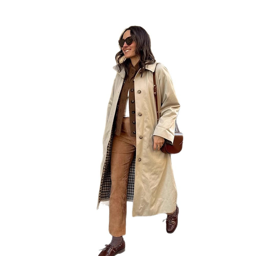 Women's Maxi Long Trench Coat with Check Lining, Wide Fall & Classic Button Placket Amarae
