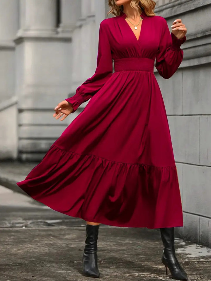 Maxi dress for women with an elegant V neckline and voluminous sleeves Lune London