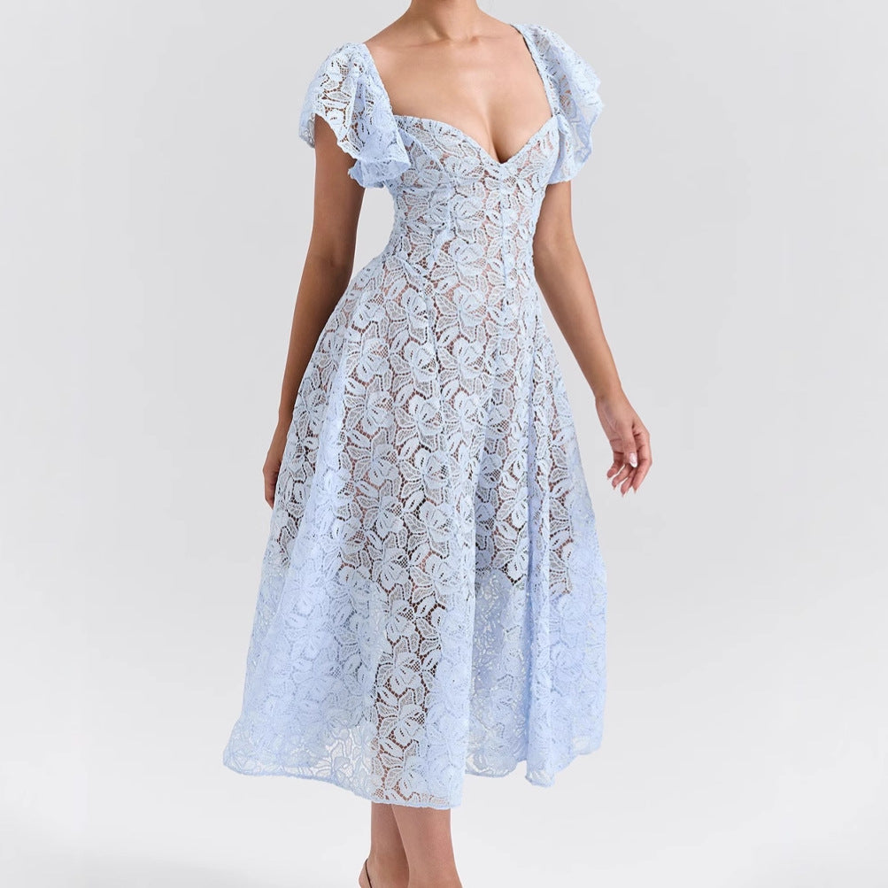 Women's Lace Dress with Voluminous Ruffle Sleeves and Flared Skirt