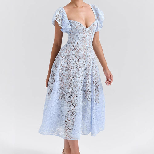 Women's Lace Dress with Voluminous Ruffle Sleeves and Flared Skirt