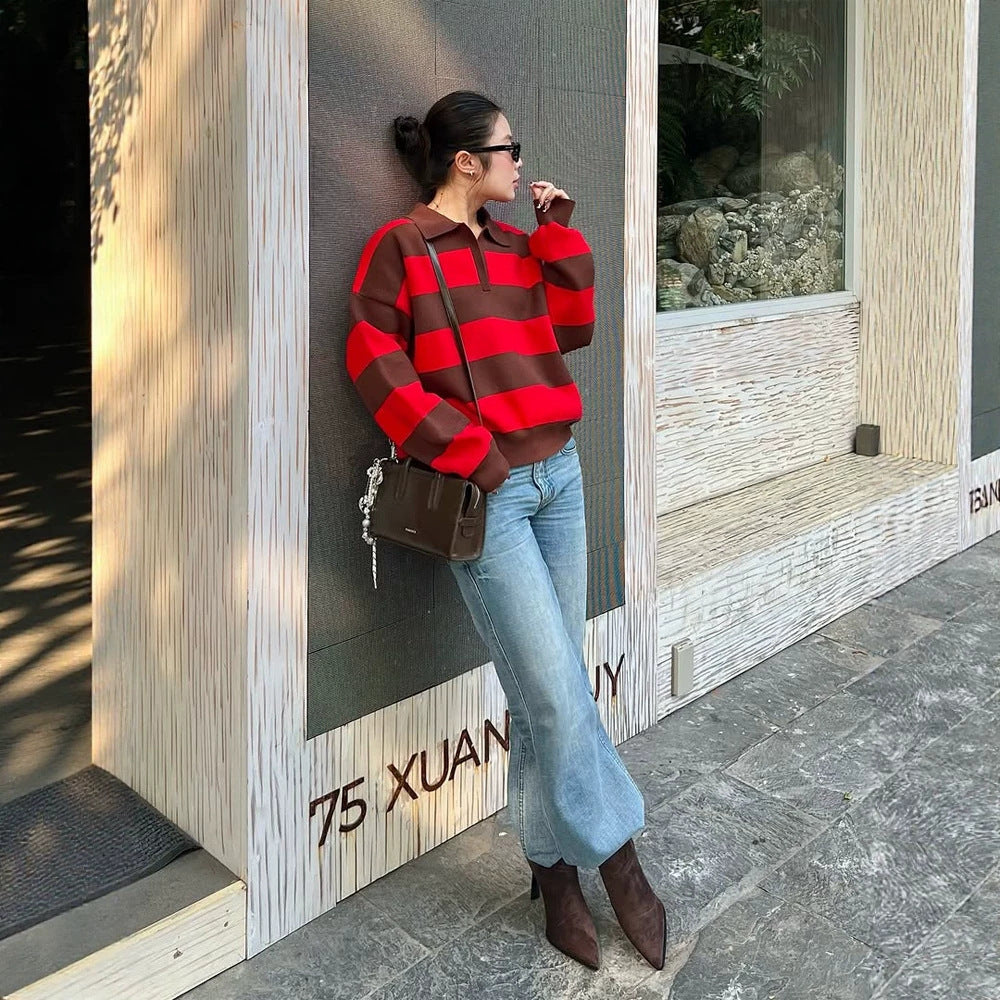 Women Oversize Rugby Knitted Sweater with Polo Collar & Wide Block Stripes Amarae