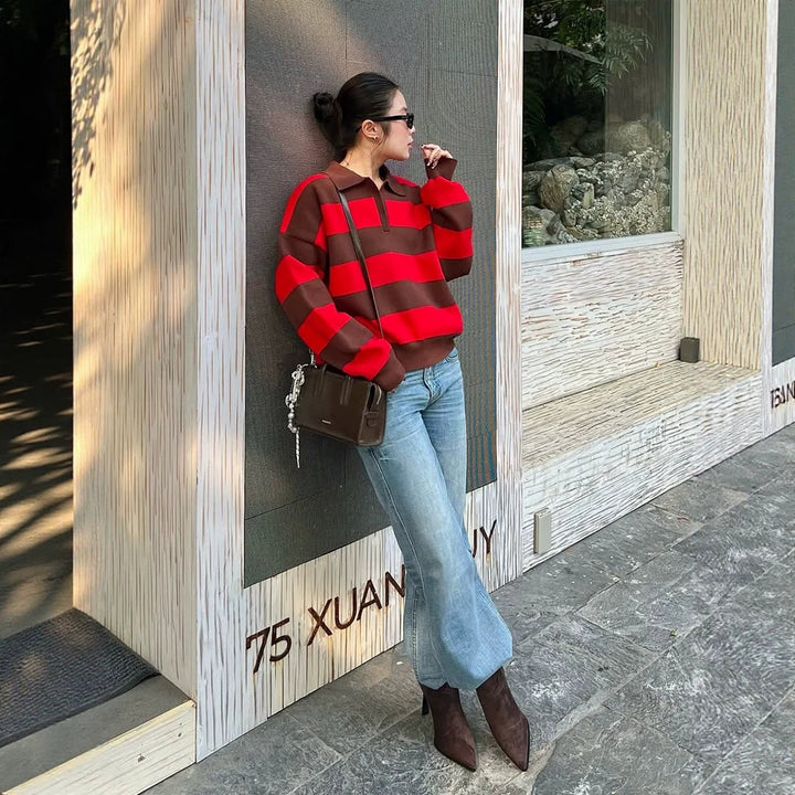 Women Oversize Rugby Knitted Sweater with Polo Collar & Wide Block Stripes Amarae