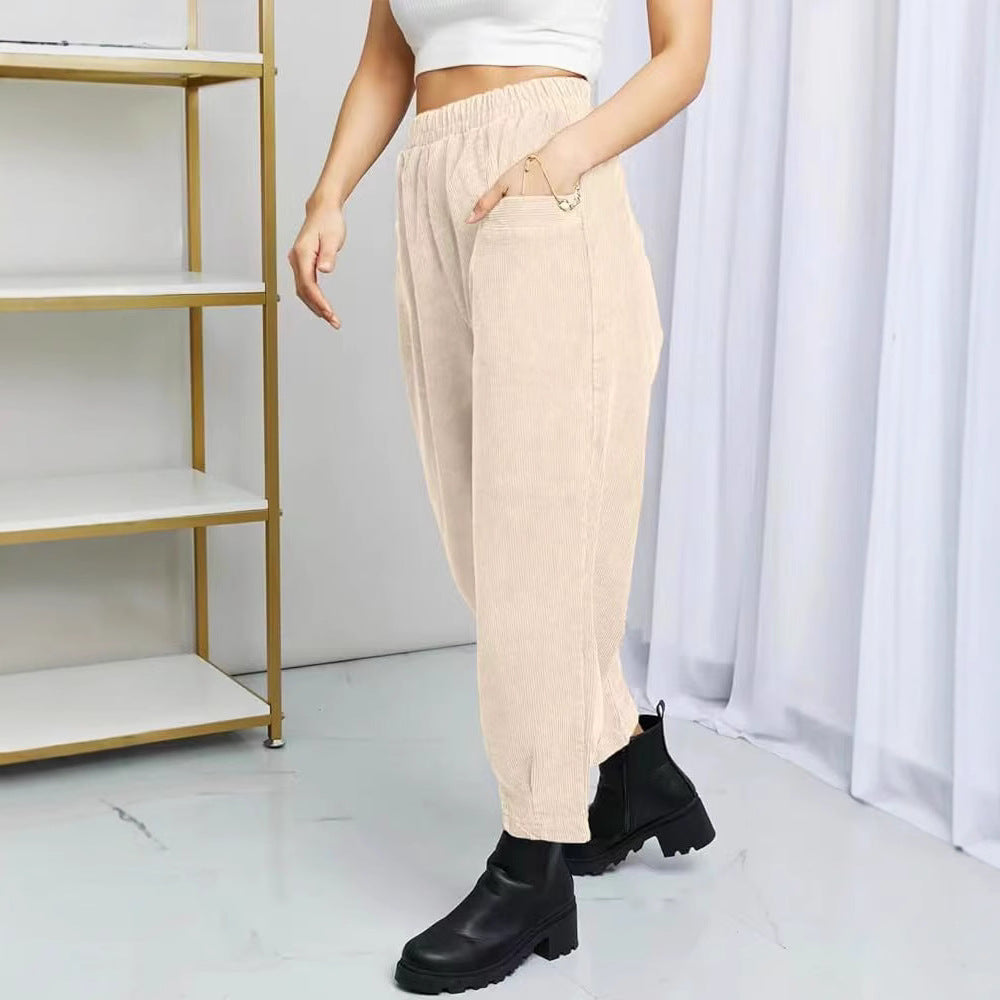 Ladies Comfortable Corduroy Leisure Pants with Elastic Waist and Pockets Lune London