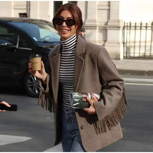 Elegant blazer for women with fringed details and two practical pockets Amarae