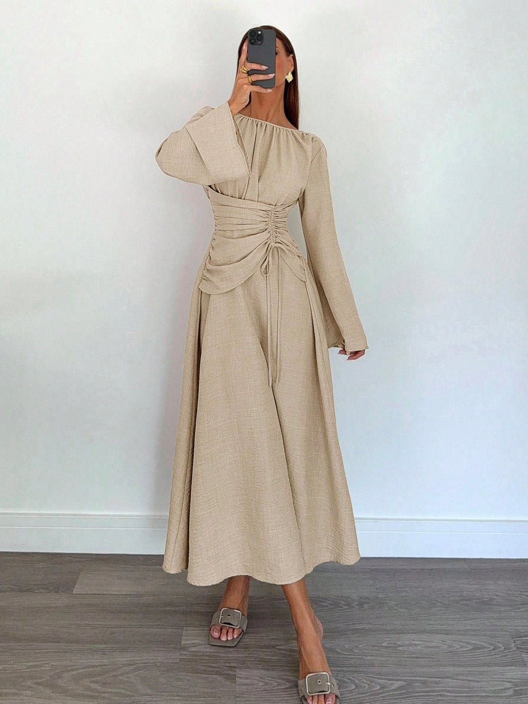 Ladies Max Dress with gathered waist lacing and bell sleeves Amarae