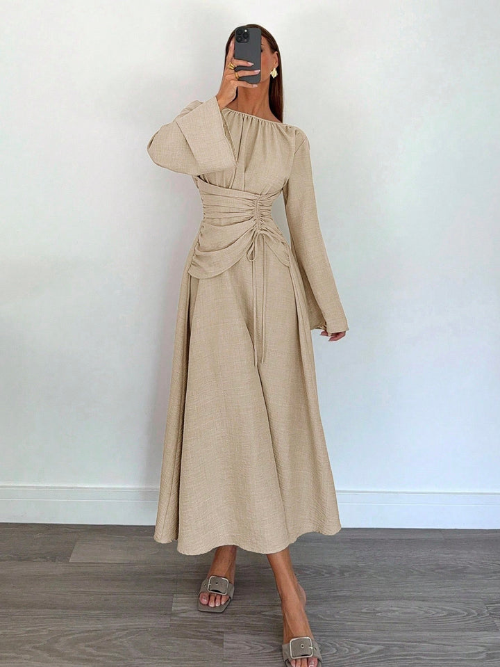 Ladies Max Dress with gathered waist lacing and bell sleeves Amarae