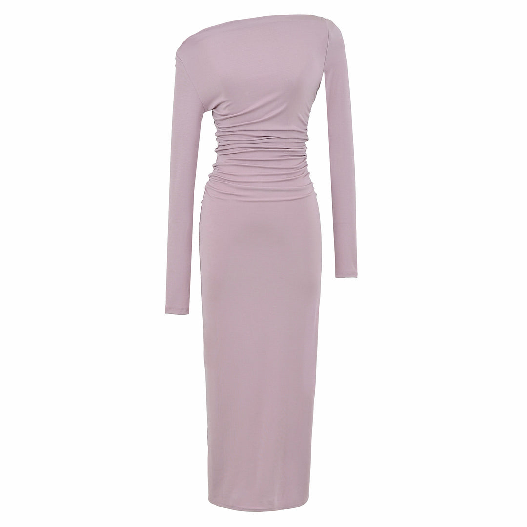 Women One-Shoulder Midi Dress with Long Sleeve and Side Gathering Amarae