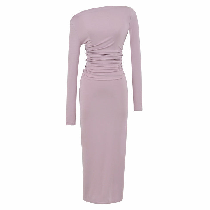Women One-Shoulder Midi Dress with Long Sleeve and Side Gathering Amarae
