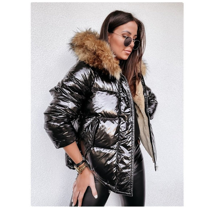 Women Shiny Winter Jacket with Removable Hood and Faux Fur Collar Lune London
