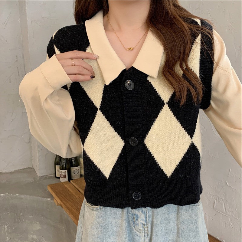 Gilet en tricot pour femmes avec motif à carreaux et col classique Chic & Stil