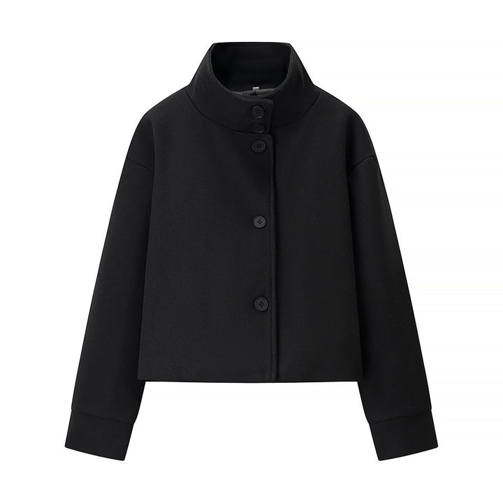 Trendy cropped transitional jacket for women with elegant high collar and practical button details Lune London