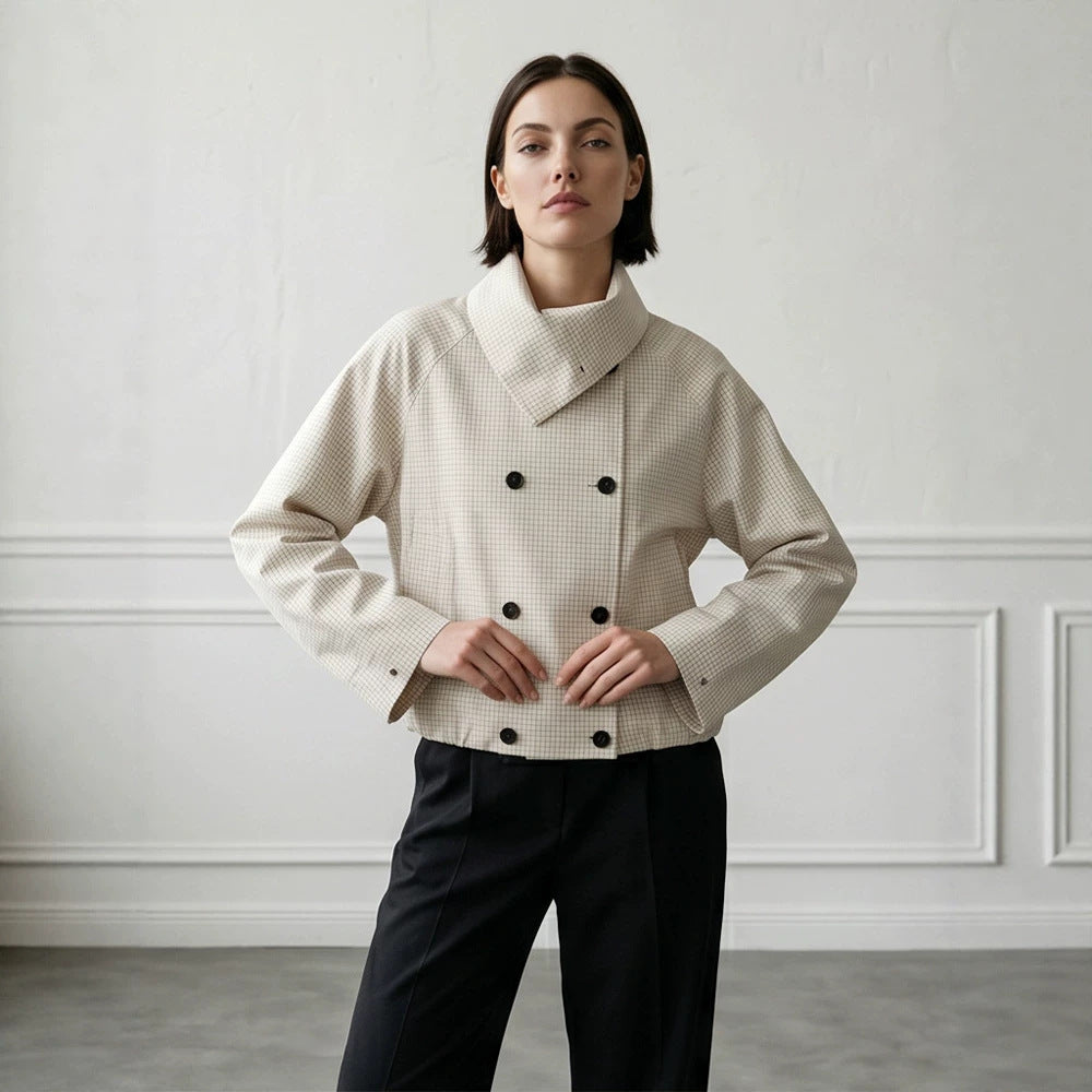 Women's Short Double-Breasted Blouson Jacket with Wrap Collar and Raglan Sleeves Amarae