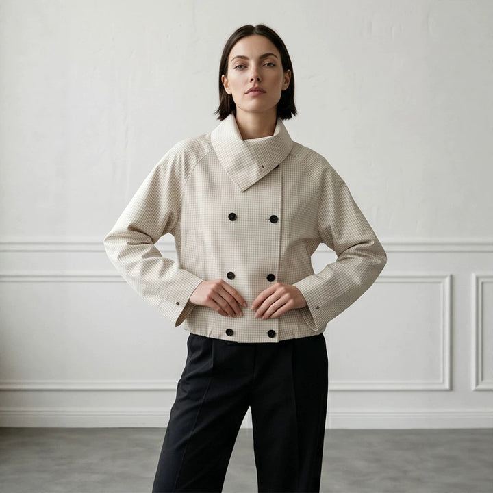 Women's Short Double-Breasted Blouson Jacket with Wrap Collar and Raglan Sleeves Amarae
