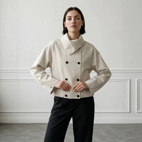 Women's Short Double-Breasted Blouson Jacket with Wrap Collar and Raglan Sleeves Amarae
