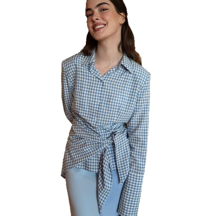 Women Gingham Wrap Blouse with Side Waist Tie and Shirt Collar Amarae