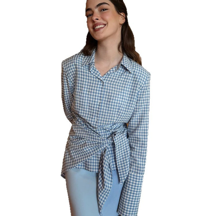 Women Gingham Wrap Blouse with Side Waist Tie and Shirt Collar Amarae