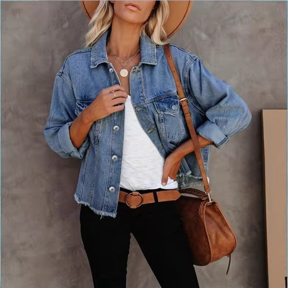 Women's Short Cut Oversized Denim Jacket with Frayed Hem and Flap Pockets Amarae