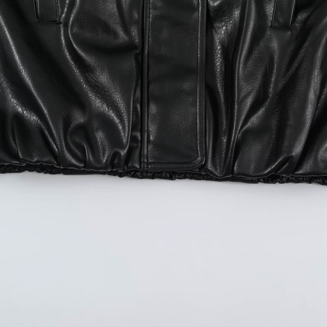 Women's Oversized Leather Look Blouson Jacket with Stand-up Collar and Elastic Hem Amarae