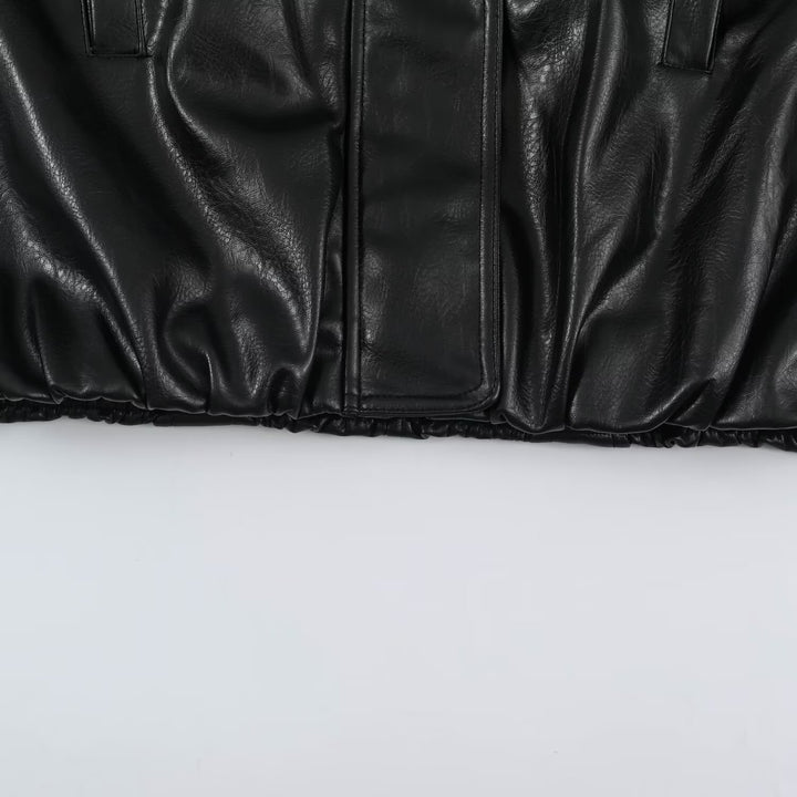 Women's Oversized Leather Look Blouson Jacket with Stand-up Collar and Elastic Hem Amarae