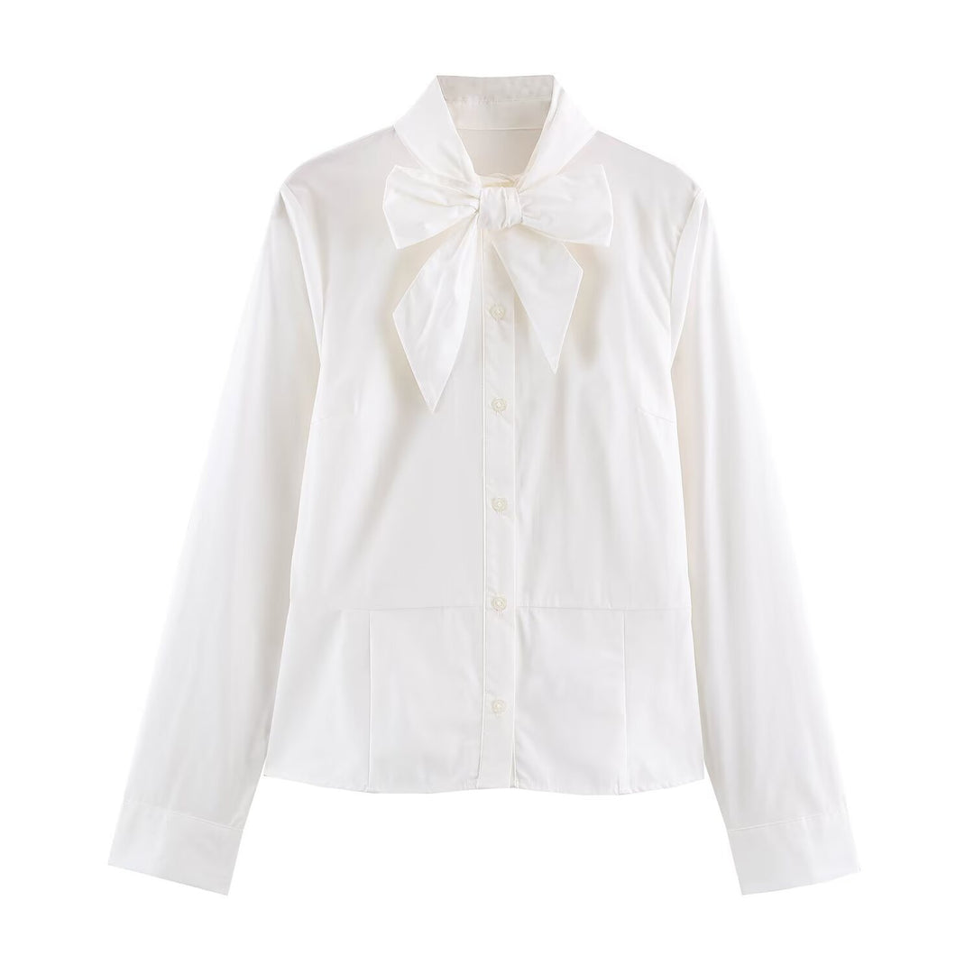 Women's feminine shirt blouse with bow collar and tailored silhouette Amarae