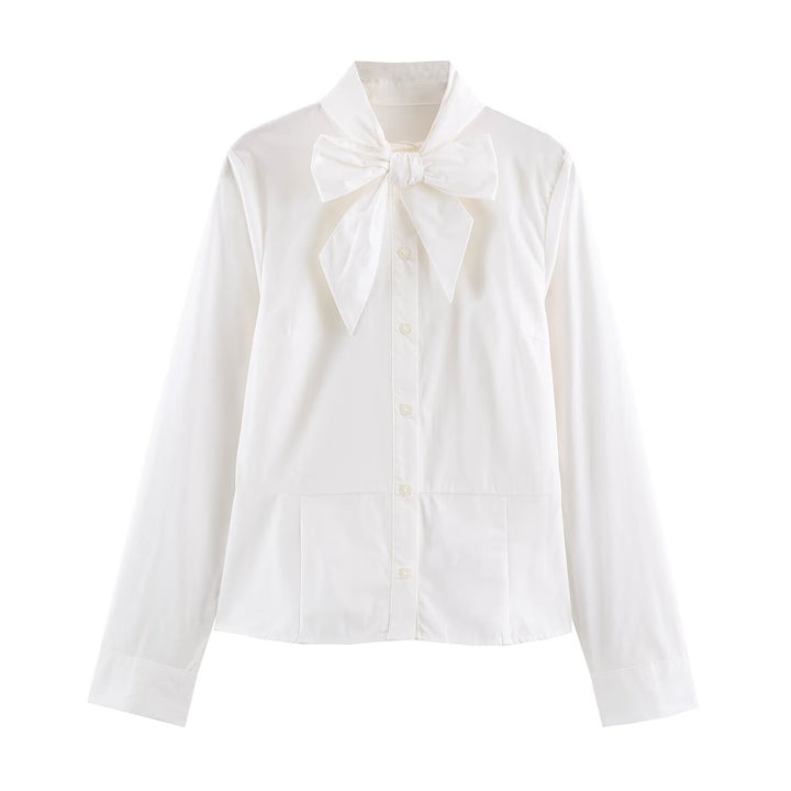 Women's feminine shirt blouse with bow collar and tailored silhouette Amarae