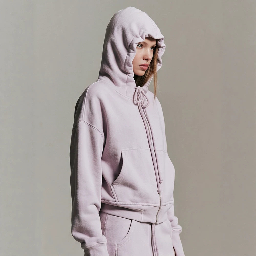 Ladies cropped hoodie sweatshirt with full zip, kangaroo pockets, and extended sleeve cuffs Amarae