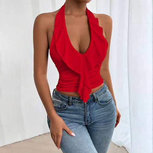 Haut femme avec bretelles dénudées en tissu fluide et design élégant à volants Chic & Stil