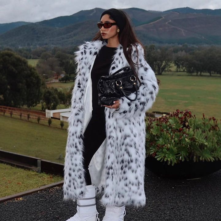 Women's luxurious long plush faux fur coat with opulent fur collar and speckled design Amarae