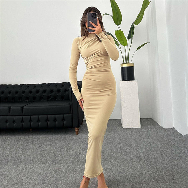 Ladies fitted maxi dress with high collar and side gathering Amarae