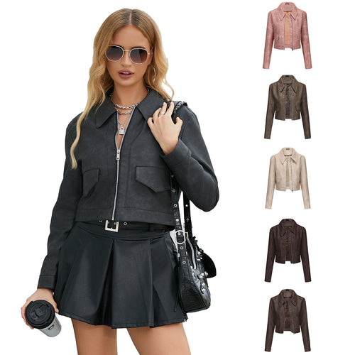 Trendy cropped synthetic leather jacket for women with classic wave collar Amarae