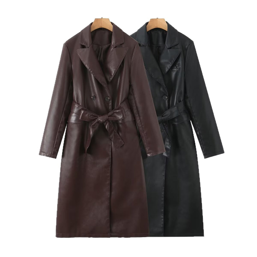 Women's faux leather trench coat with belted waist and double-breasted buttons Lune London