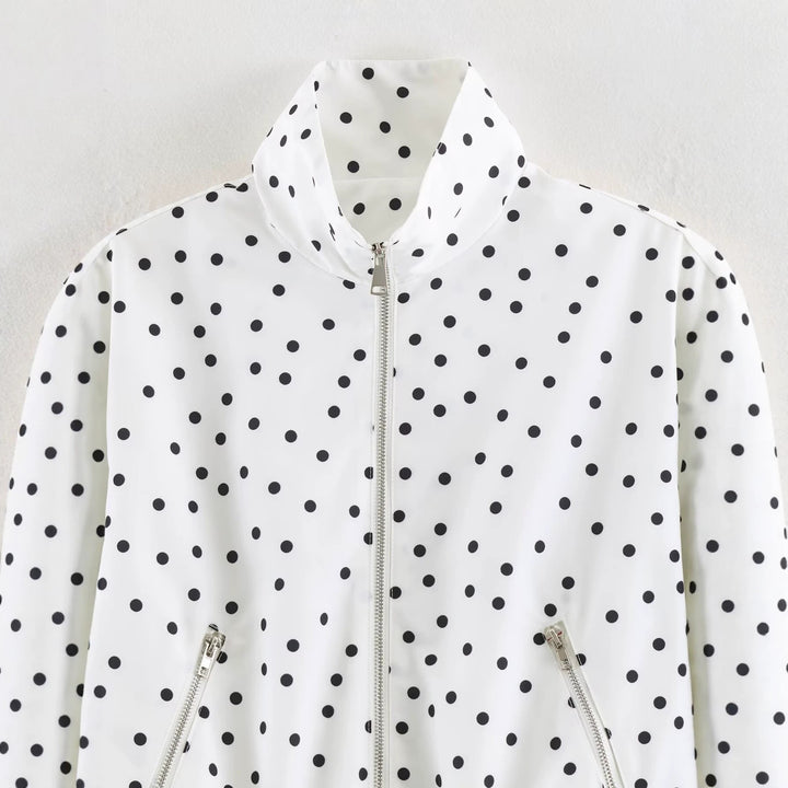 Women's Cropped Bomber Jacket with Stand Collar and Dot Pattern Amarae
