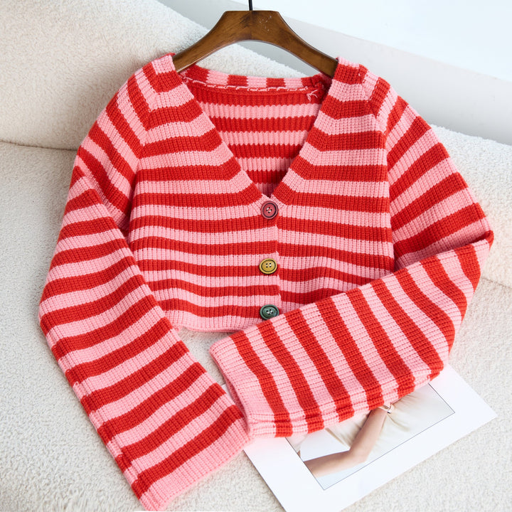 Lady Crop Cardigan with colorful buttons and a trendy striped pattern Lune London