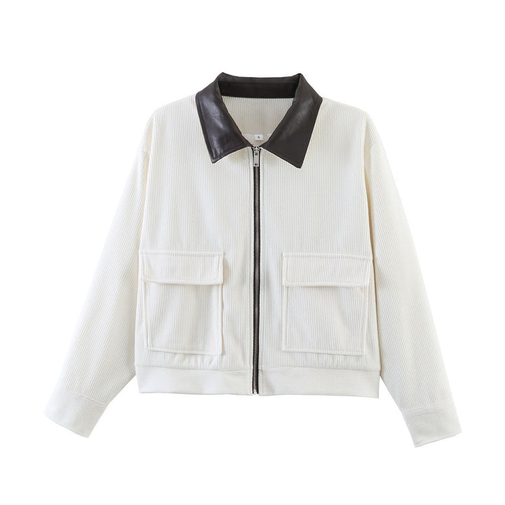 Ladies short-cut cord jacket with lapel collar made of faux leather and patch flap pockets Amarae