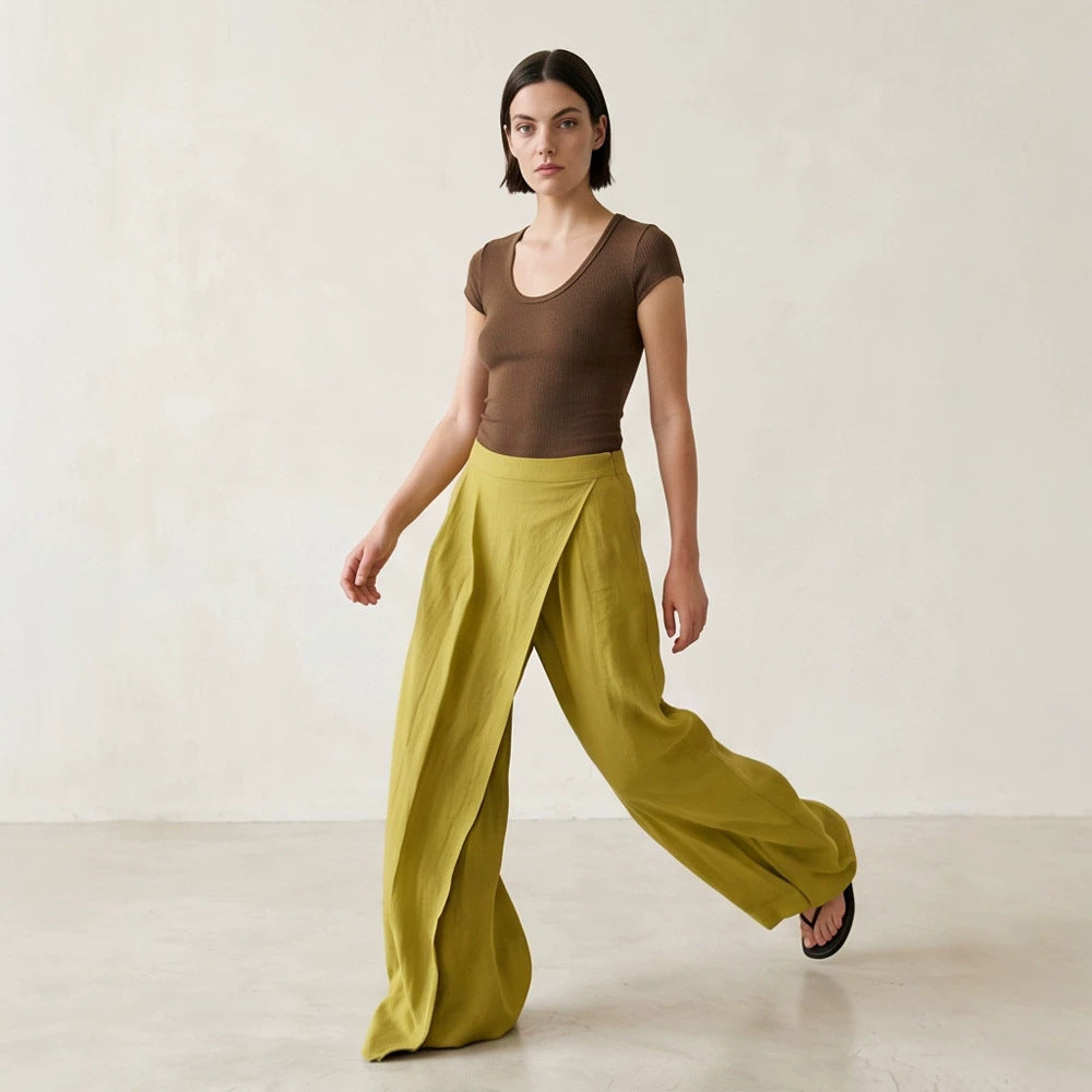 Women's High-Waist Wrap Palazzo Pants with Wide Leg and Flowing Linen Look Amarae