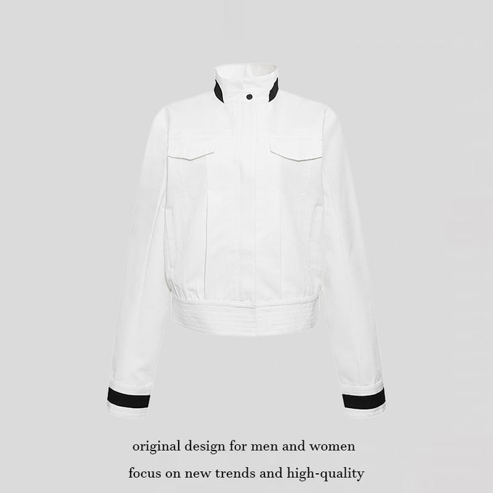 Women's cropped bomber jacket with stand-up collar, flap pockets, and contrast cuffs Amarae