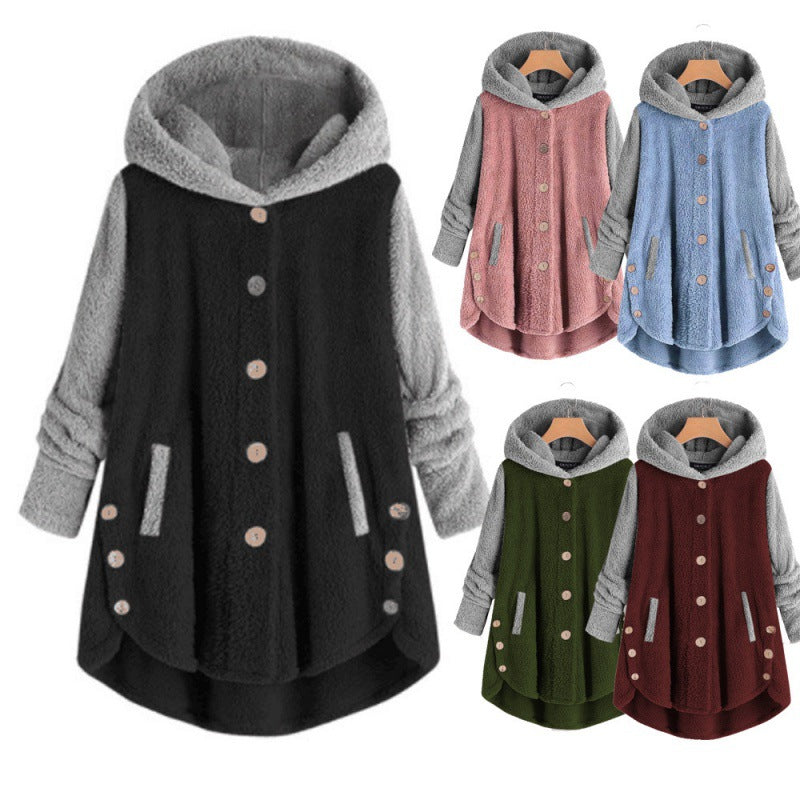 Women's Oversized Teddy Coat with Hood, Asymmetrical Zigzag Hem and Wooden Button Placket Amarae