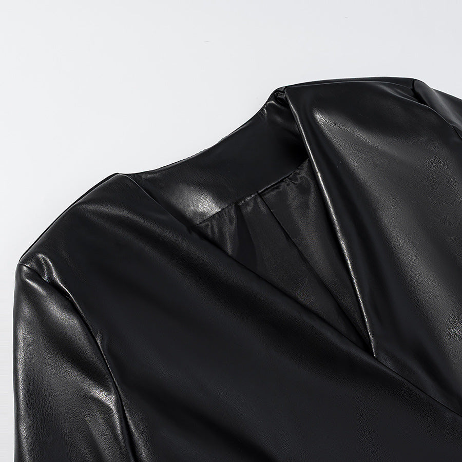 Women's Tailored Faux Leather Blazer with Single Button and Contoured Silhouette Amarae