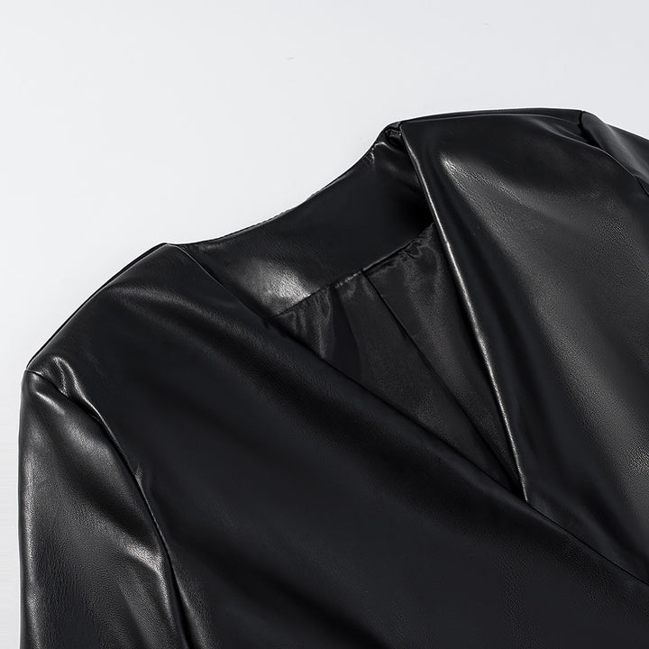 Women's Tailored Faux Leather Blazer with Single Button and Contoured Silhouette Amarae