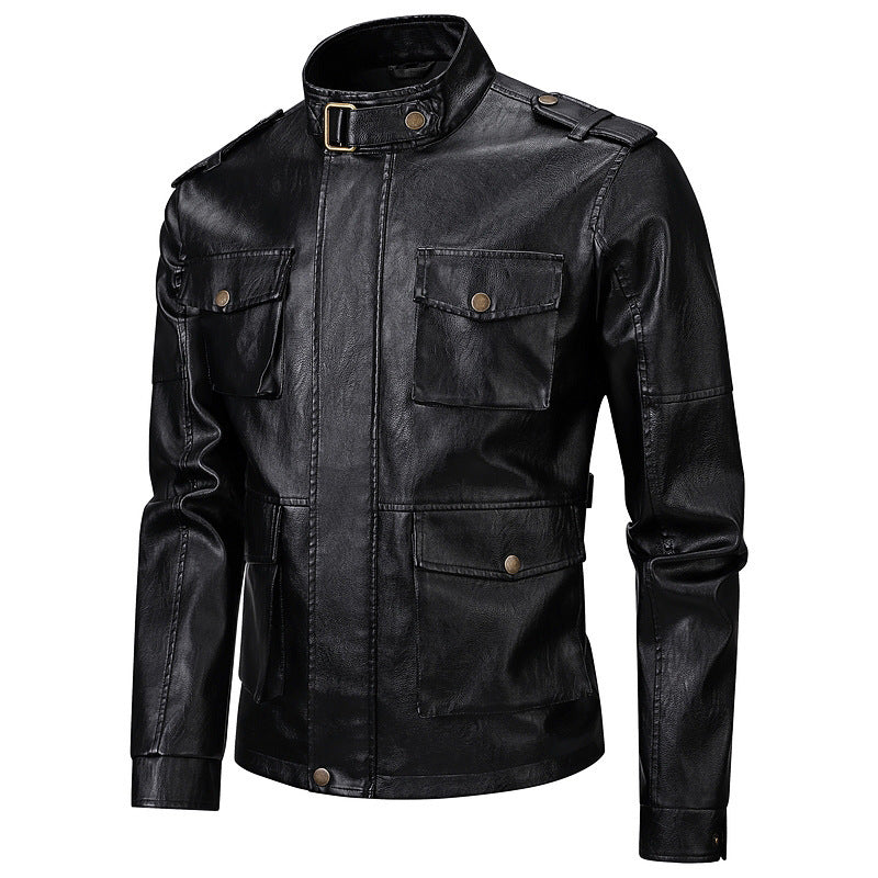 Veste militaire pour hommes en simili cuir avec poches pratiques et col haut Lune London