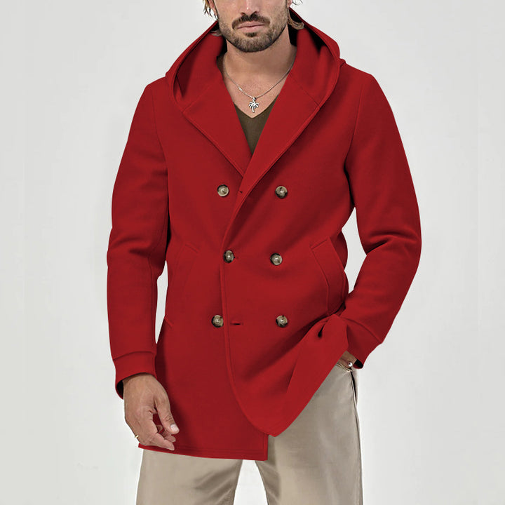 Elegant double-breasted coat for men with large hood Lune London