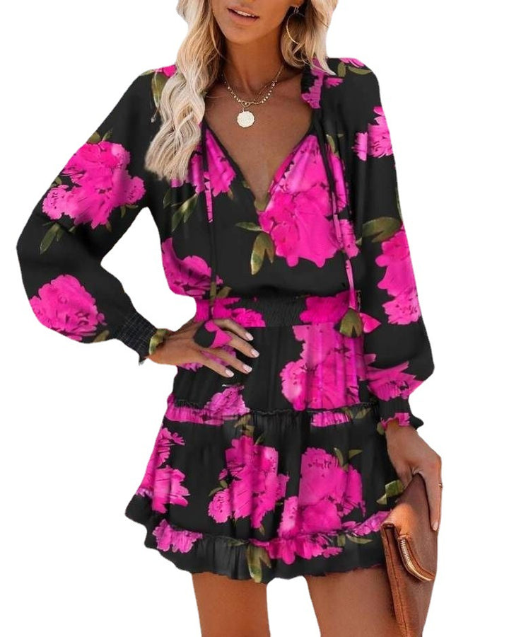 Ladies mini playful dress with colorful pattern and flounced details Lune London