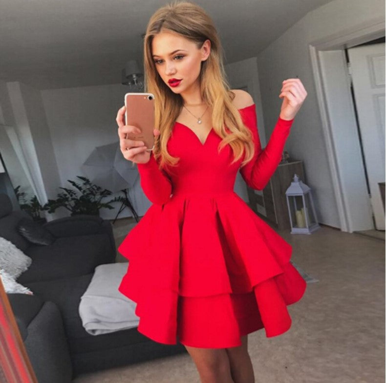 Women Playful Off-Shoulder Cocktail Dress with Ruffles and Deep V Neck Lune London