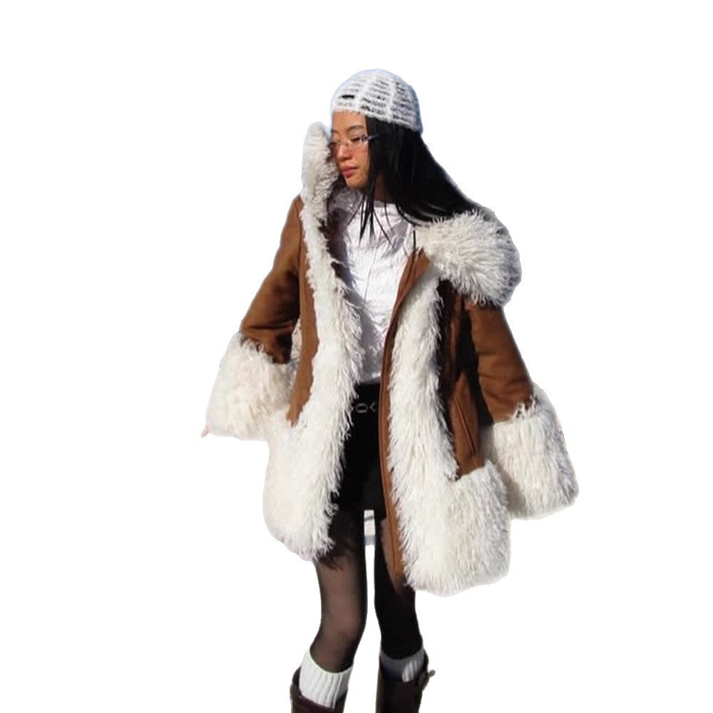 Women's short coat in lamb fur look with voluminous curly collar and contrast trim Amarae