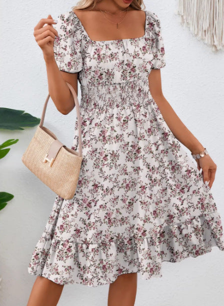 Square-necked smocked A-line dress for women with ruffled hem Lune London