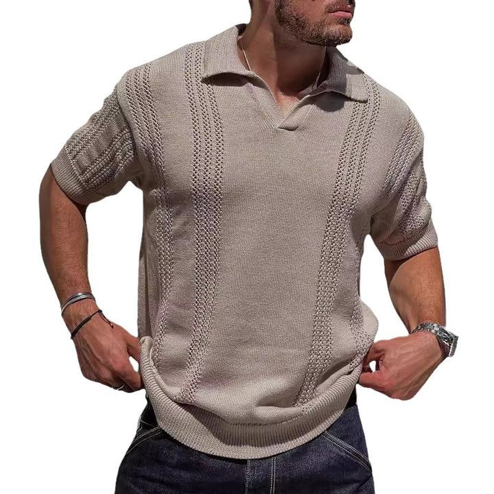 Knitted short sleeve pullover for men with textured surface and polo collar Lune London